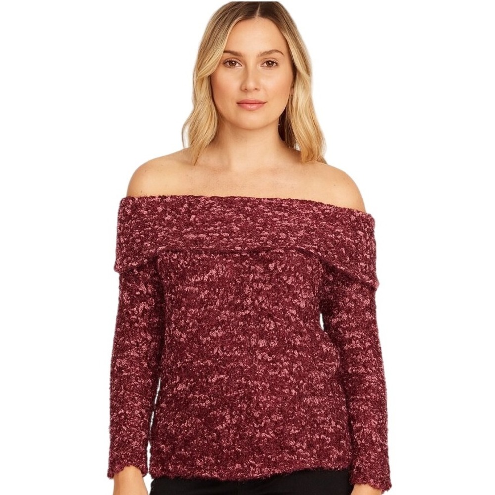 Knox Rose Off-Shoulder M Brandy Wine Pullover‎ Sweater Cozy Textured Boho NEW